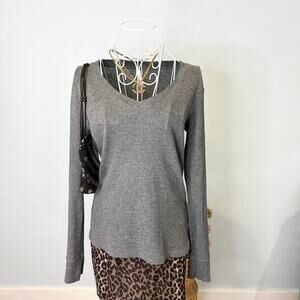 Cute vintage y2k tight grey v neck waffle knit henley long sleeve top